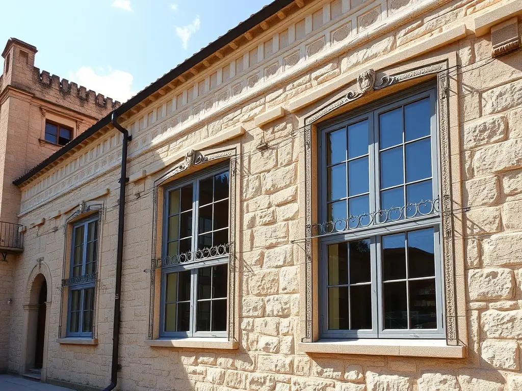 An image showcasing Fer.Met snc's custom-made metal window frames and decorative elements integrated into a historic building restoration project in Palermo, Sicily.